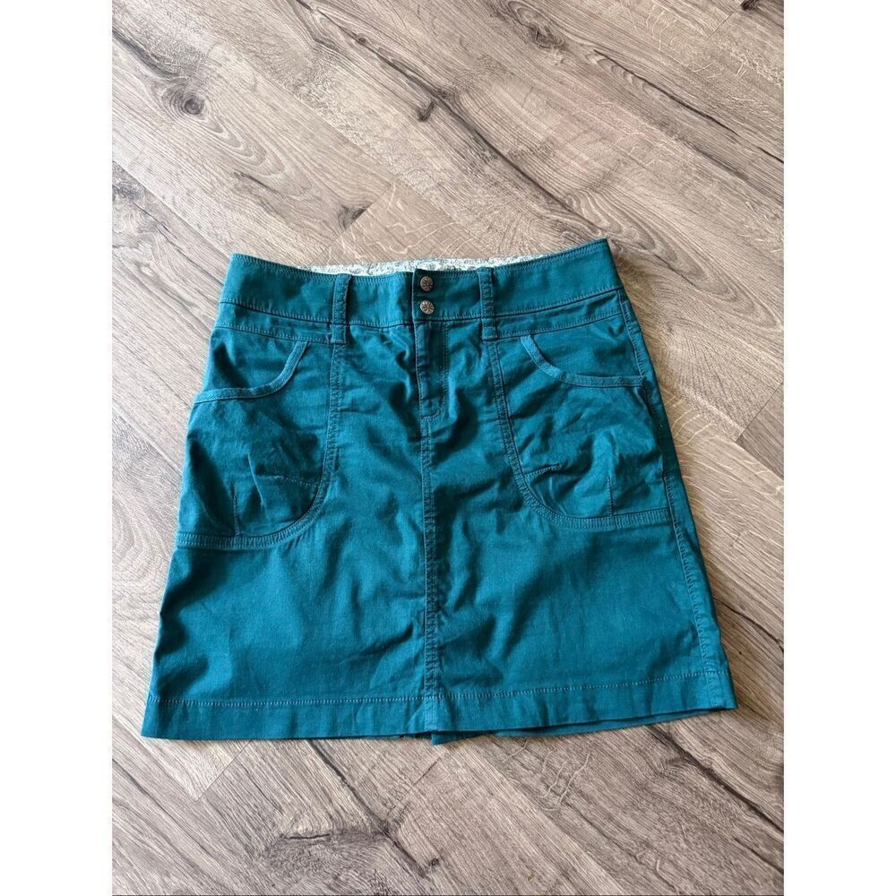 ATHLETA Super Stretchy Teal Denim Skirt Straight Mini Pencil Pockets Women 6
